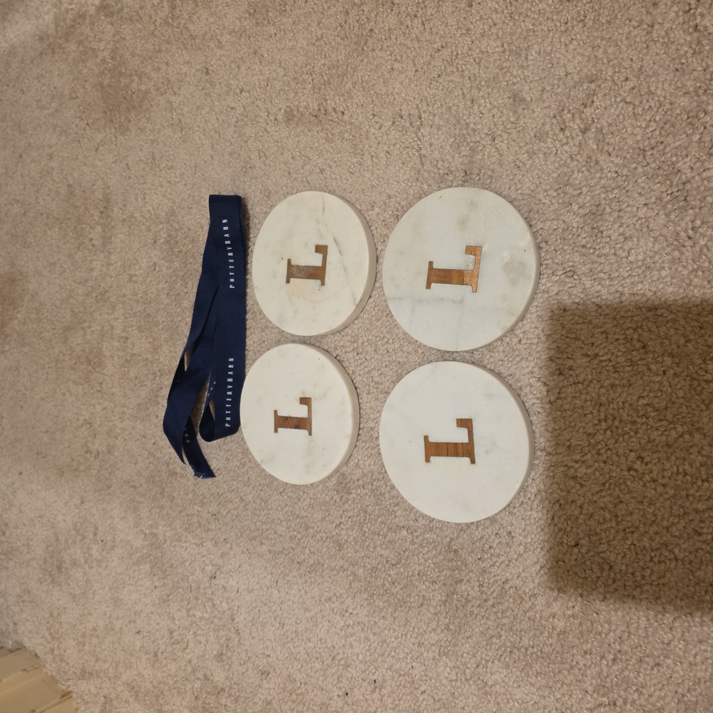 Pottery Barn White Marble Coasters with Gold Letter L